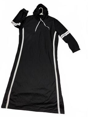 Black Drawstring Hoodie Maxi Dress White Contrast Racing Stripes 54”L